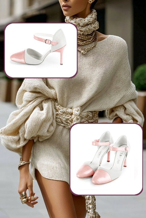 Women's light pink and pure white elegant closed-back heels, with an instep strap. Round toe. High slim heel - Worn view